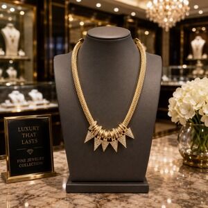 GUESS Rose Gold Tone Rhinestone Spike Statement Necklace Glam Punk Collar‎ 19"